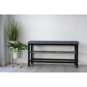 Padova Bænk med hynde og 2 hylder, grå, sorte ben, 100x34x50 cm - Billede 8