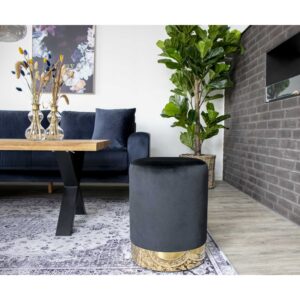 Gamby Puf, velour, sort, messing farvet kant, ø34x43 cm, HN1207 - Billede 3