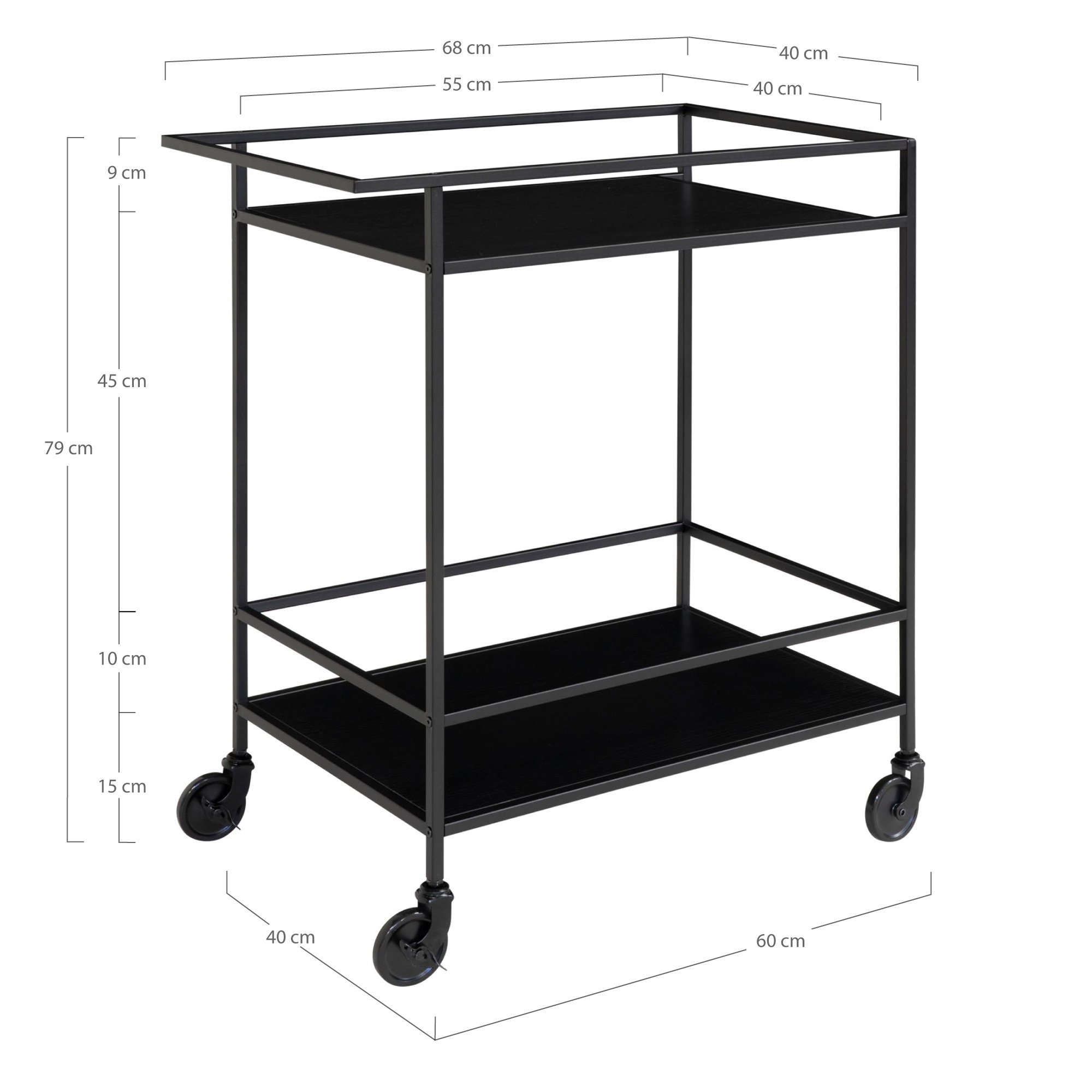 Vita Barvogn, 2 hylder, sort, sort stel, 68x40x79 cm - Billede 5