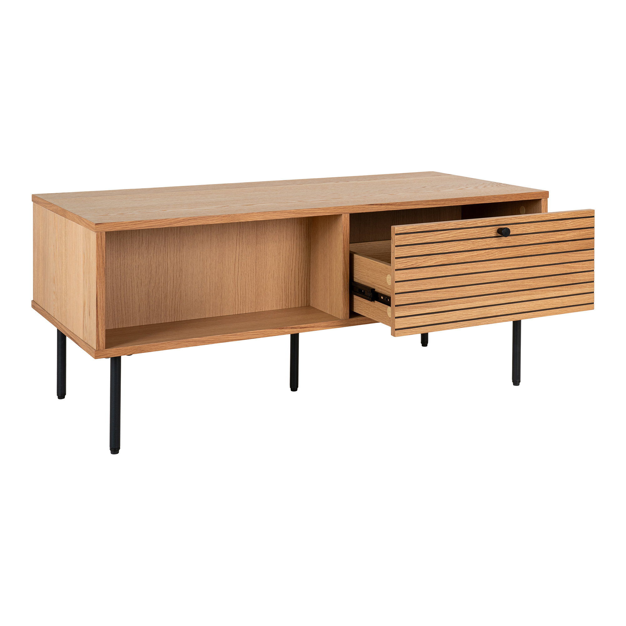 Kyoto Sofabord, 2 skuffer, egefiner, natur, sorte metalben, 50x100x45 cm - Billede 2