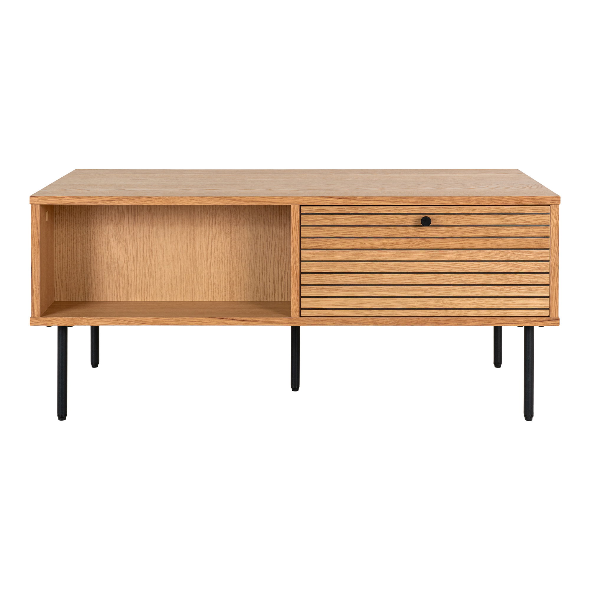 Kyoto Sofabord, 2 skuffer, egefiner, natur, sorte metalben, 50x100x45 cm - Billede 3