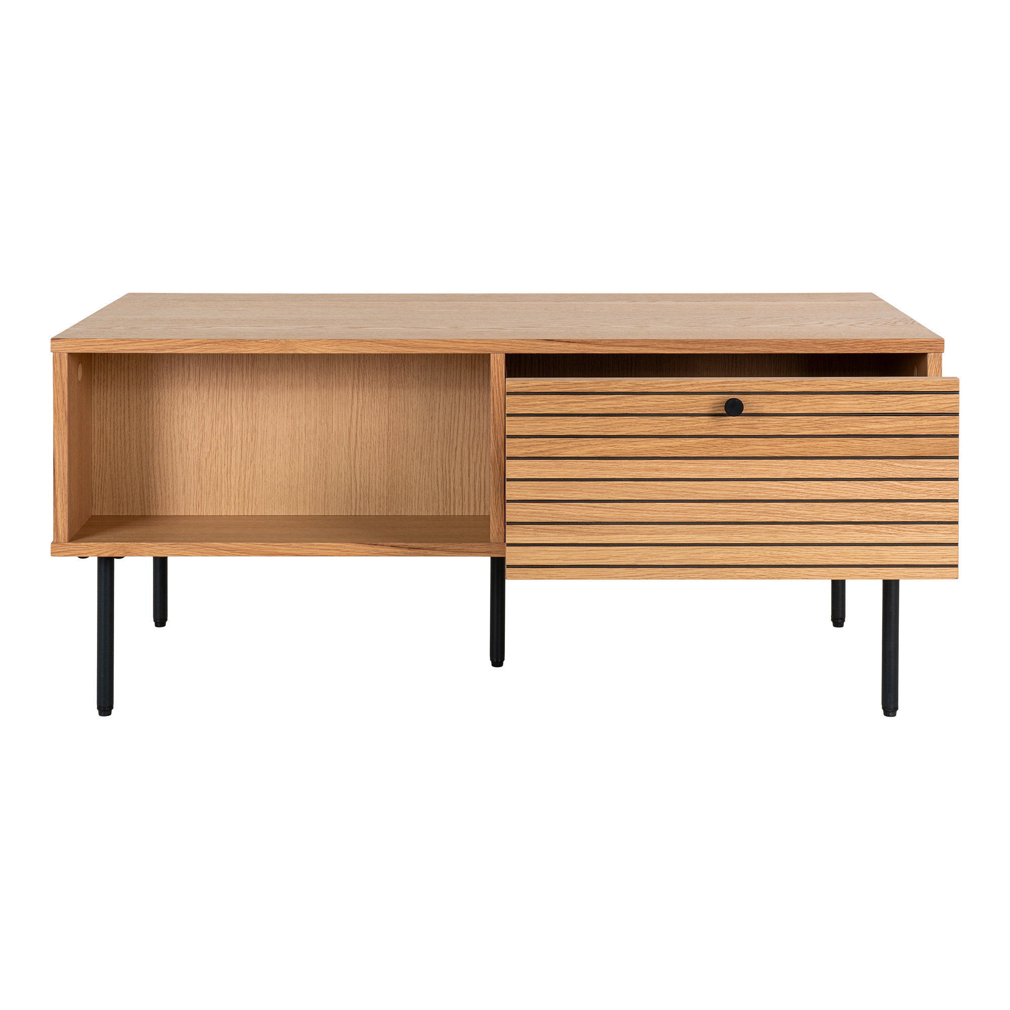 Kyoto Sofabord, 2 skuffer, egefiner, natur, sorte metalben, 50x100x45 cm - Billede 4