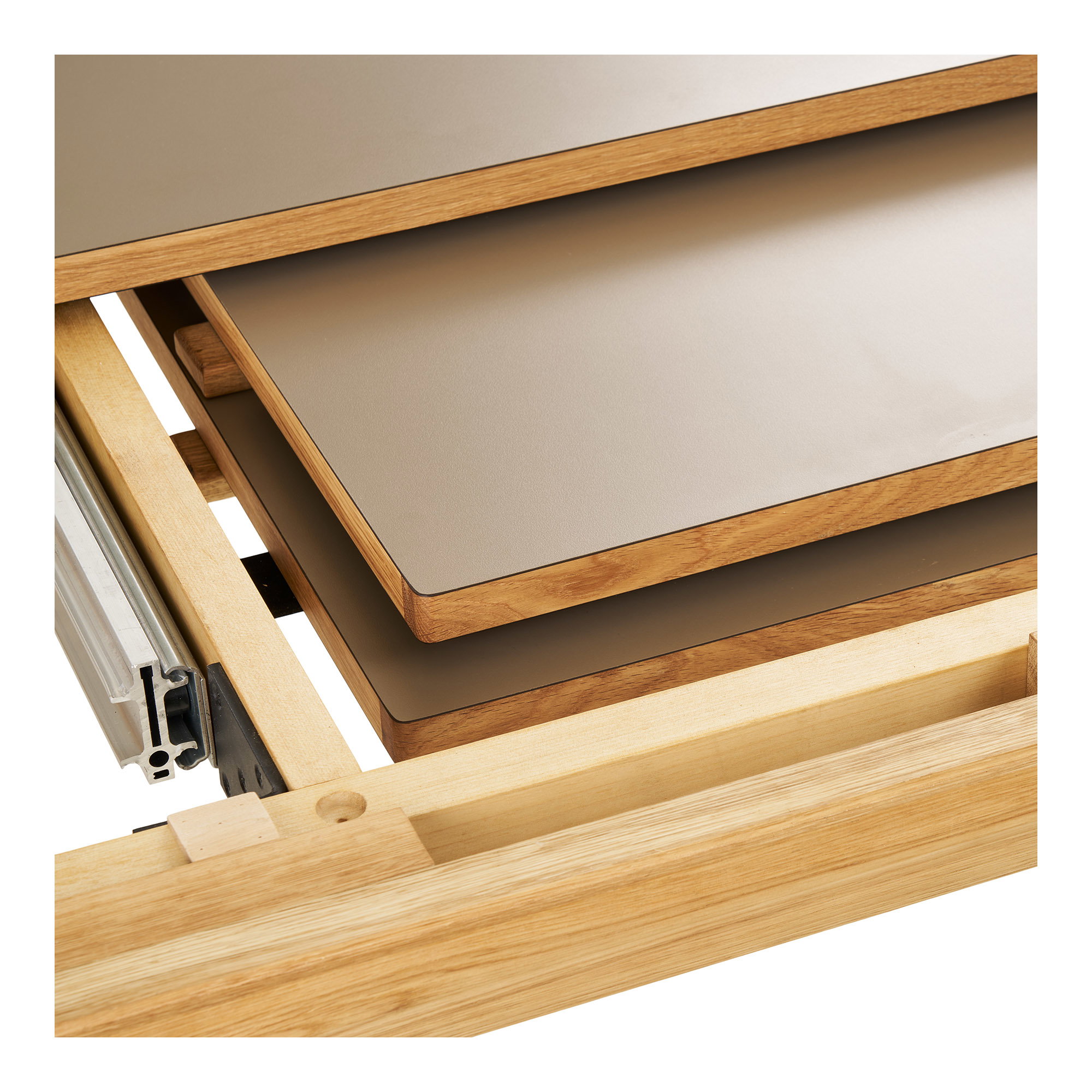 Bowen Spisebord, eg/hpl, natur/mørk sand, inkl. to tillægsplader, 100x220-270-320x75 cm - Billede 8