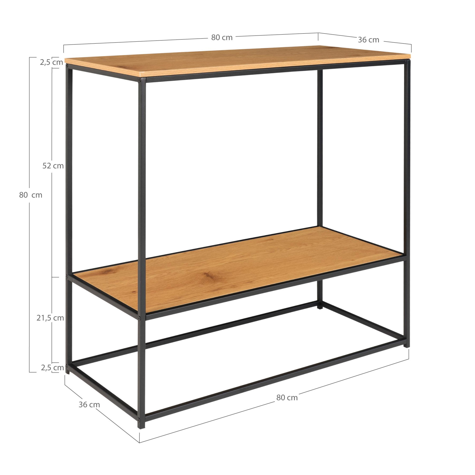 Vita Konsolbord,2 hylder, egetræslook, sort stel, 80x36x80 cm - Billede 5