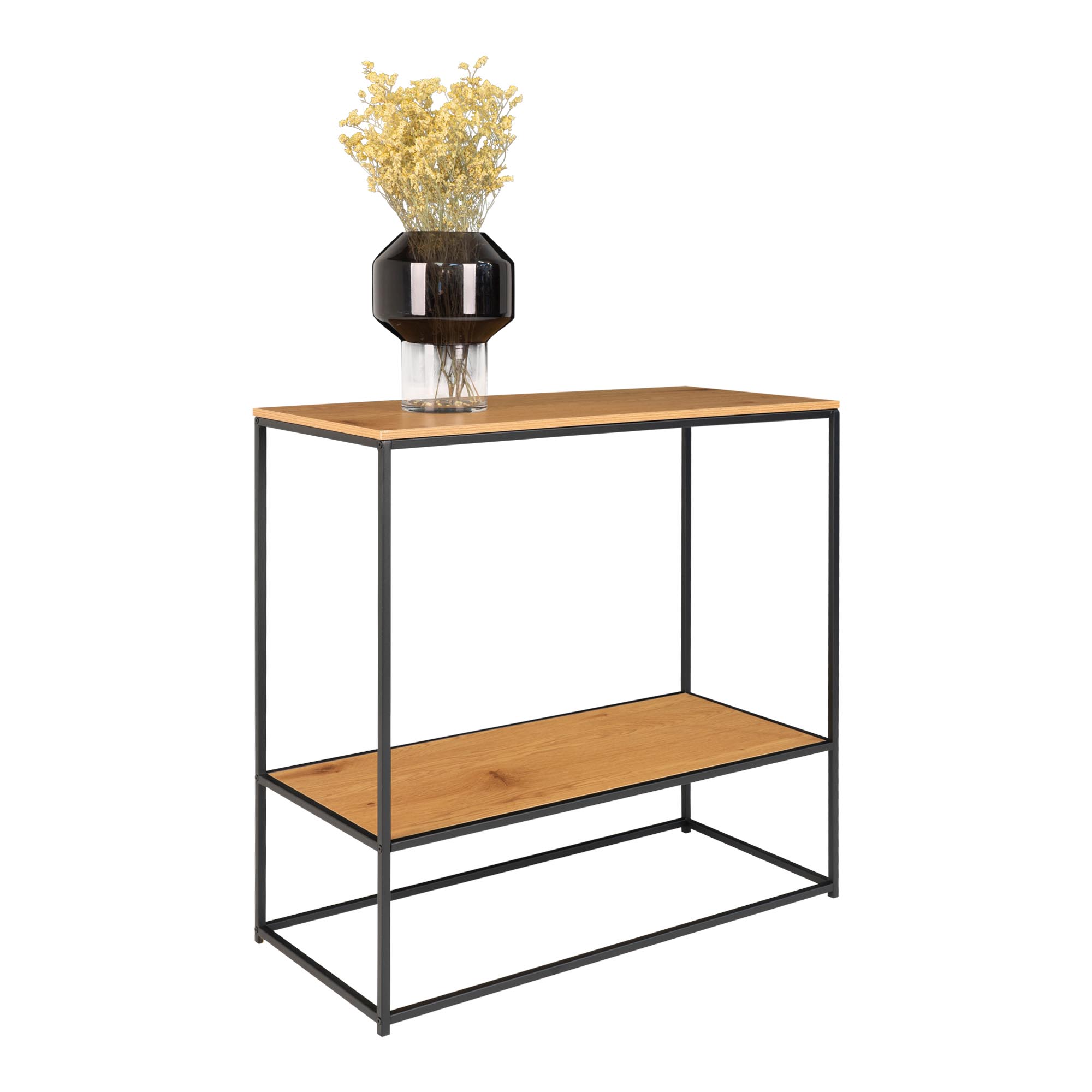 Vita Konsolbord,2 hylder, egetræslook, sort stel, 80x36x80 cm