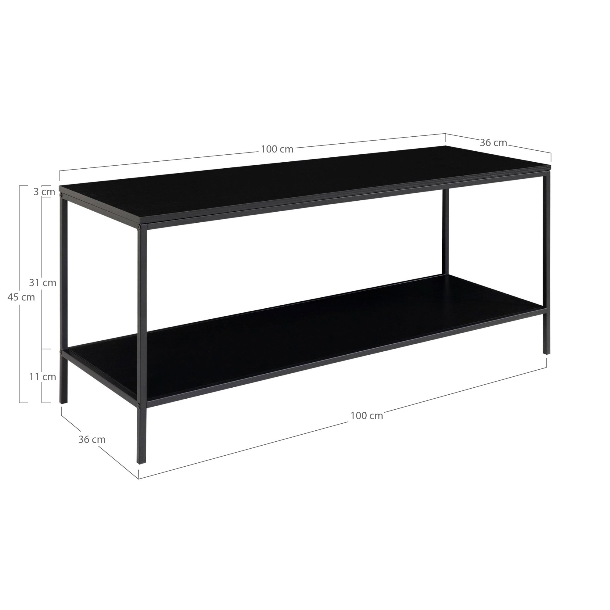 Vita TV bænk, 2 hylder, sort, sort stel, 100x36x45 cm - Billede 5
