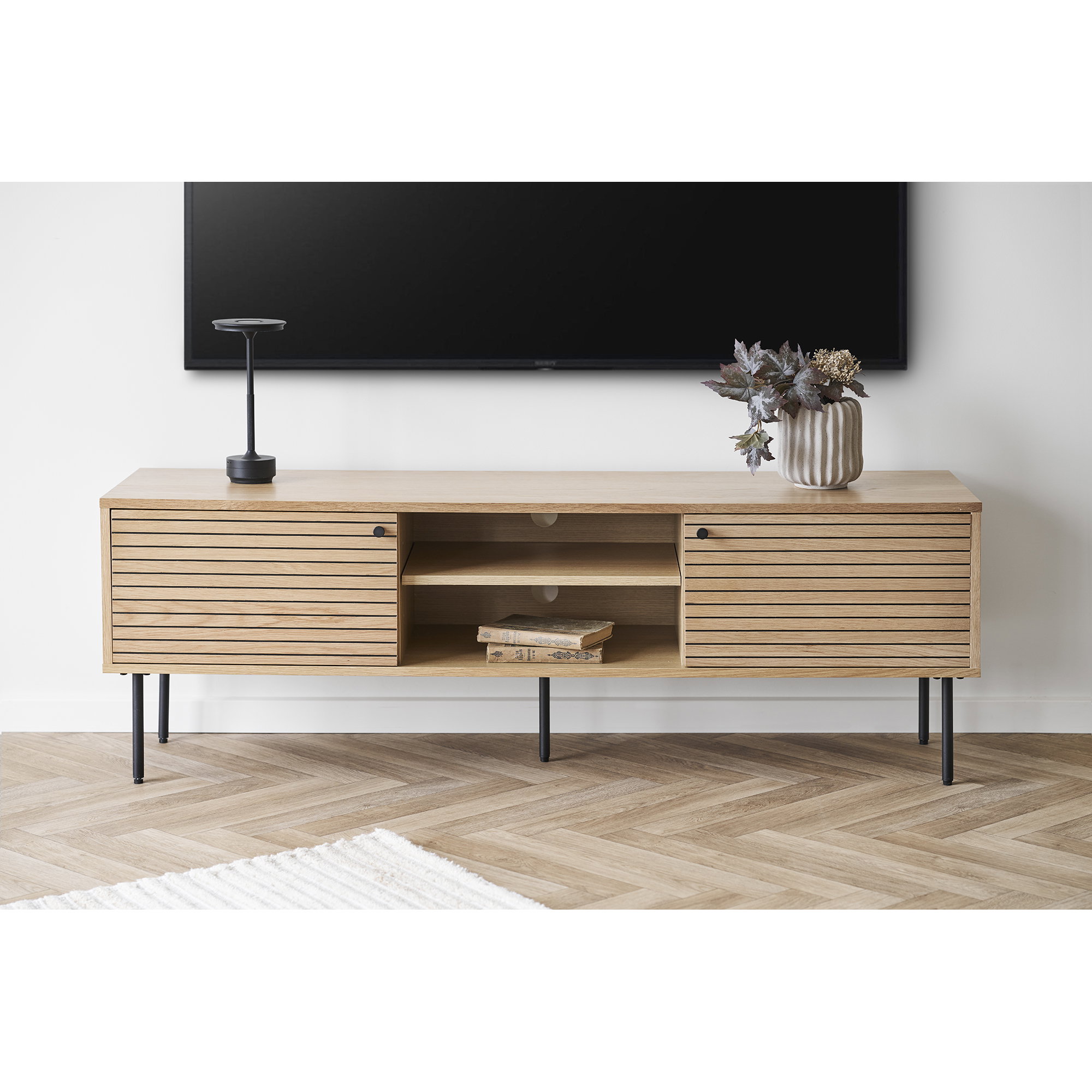Kyoto TV-bænk, 2 låger, 2 hylder, egefiner, natur, sorte metalben, 150x40x50 cm - Billede 2