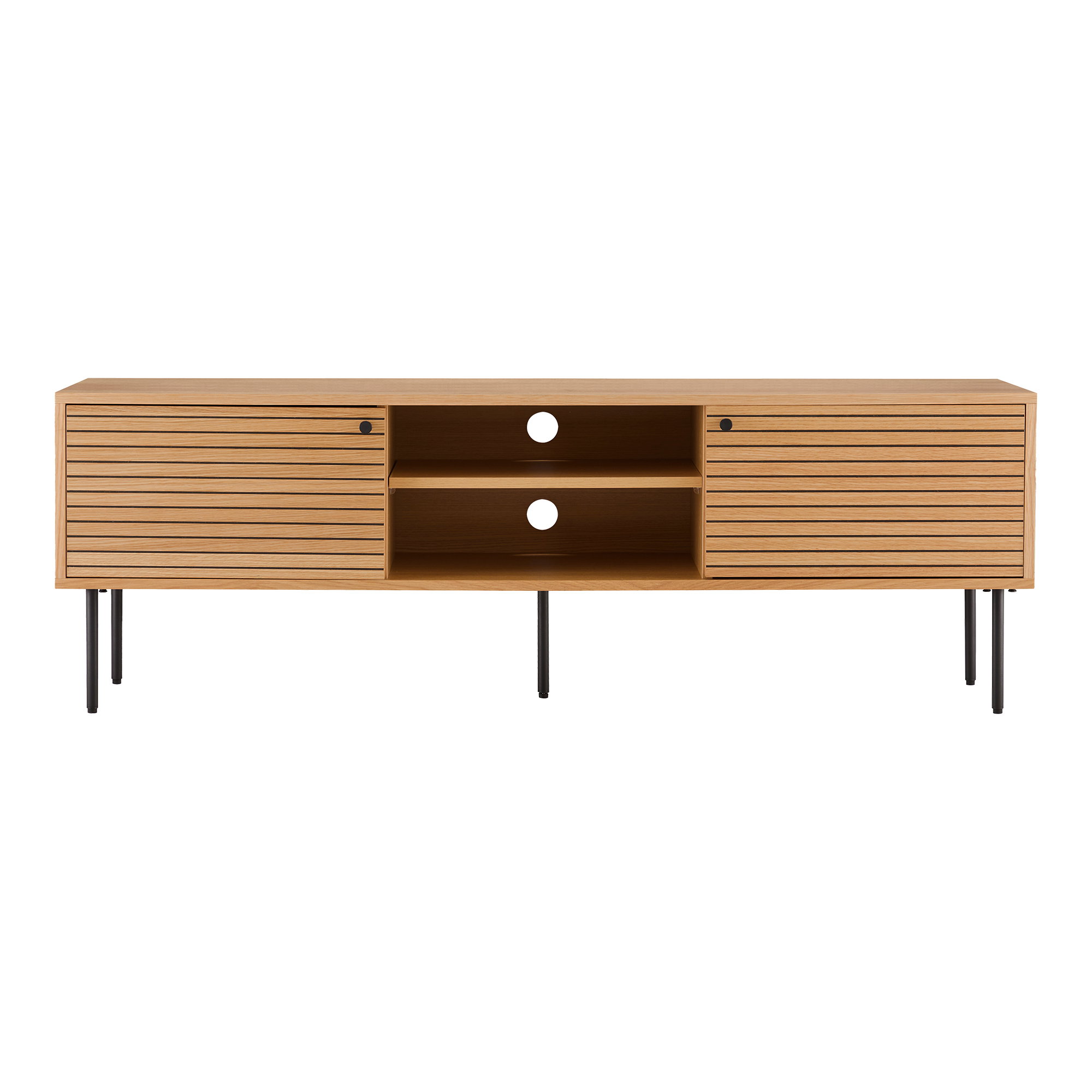 Kyoto TV-bænk, 2 låger, 2 hylder, egefiner, natur, sorte metalben, 150x40x50 cm