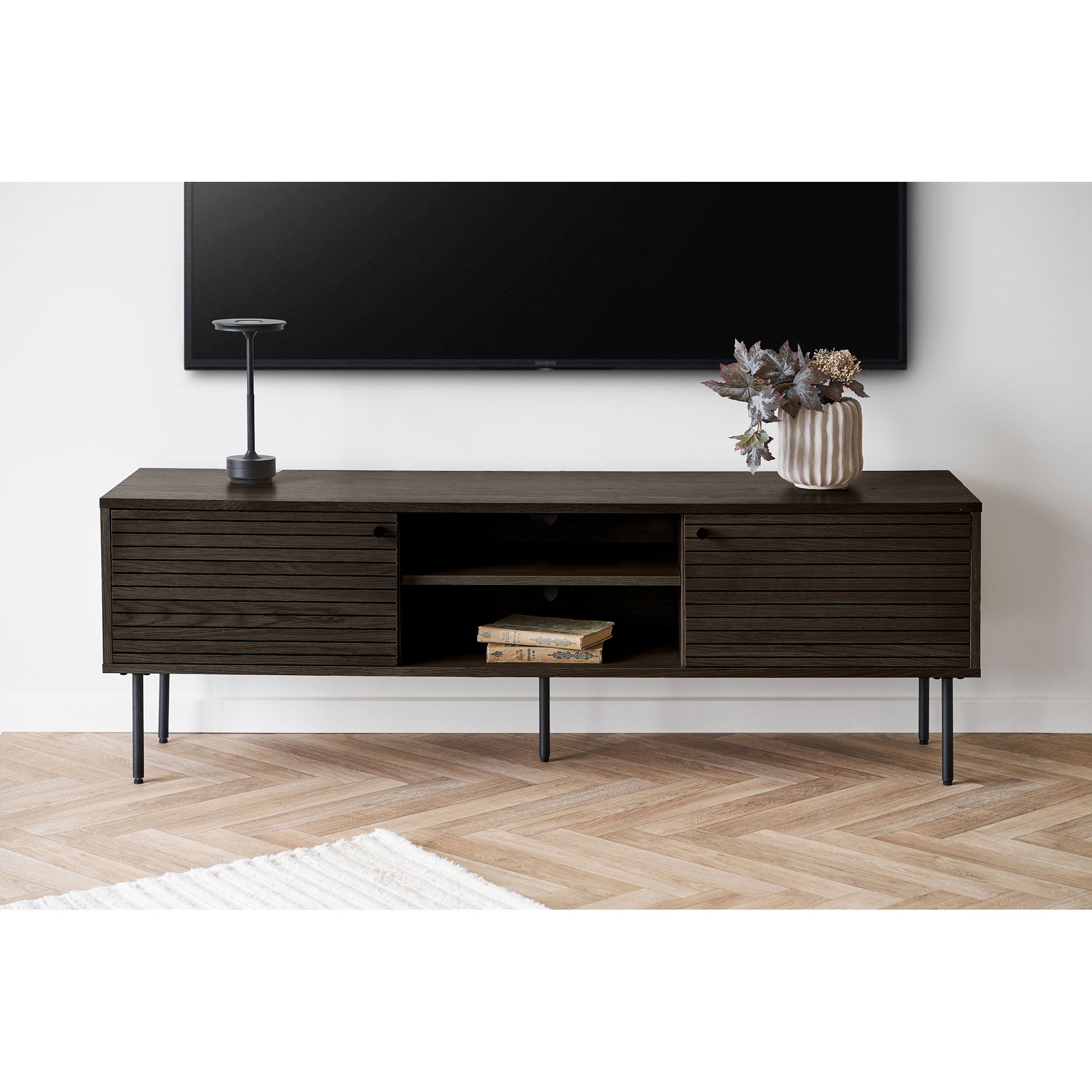 Kyoto TV-bænk, 2 låger, 2 hylder, egefiner, smoked, sorte metalben, 150x40x50 cm - Billede 7