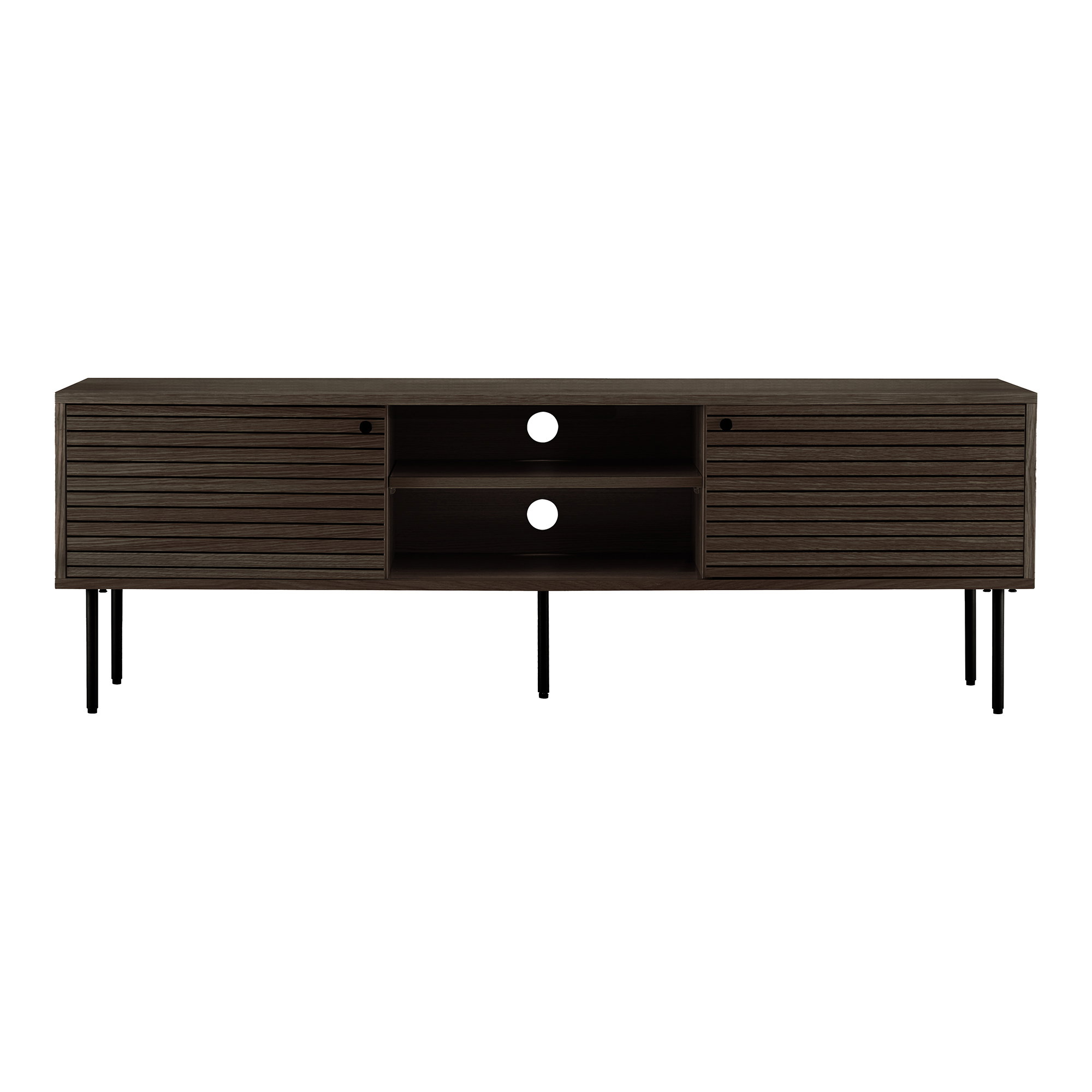 Kyoto TV-bænk, 2 låger, 2 hylder, egefiner, smoked, sorte metalben, 150x40x50 cm