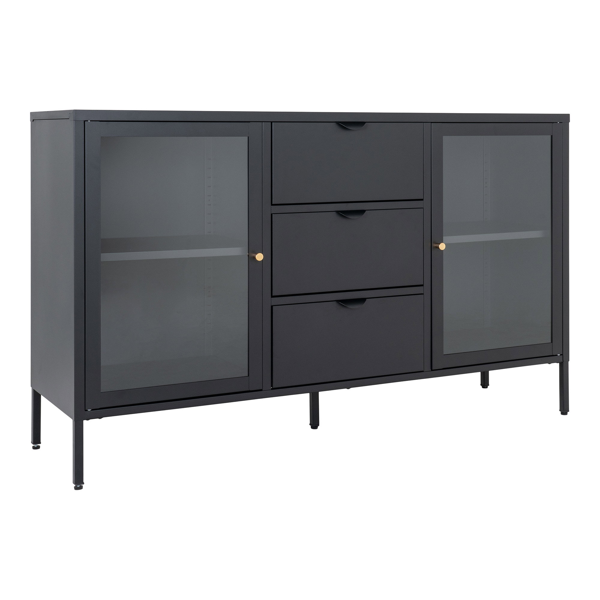 Dalby Skænk, 2 glaslåger, 3 skuffer, stål, sort, 140x40x85 cm - Billede 2