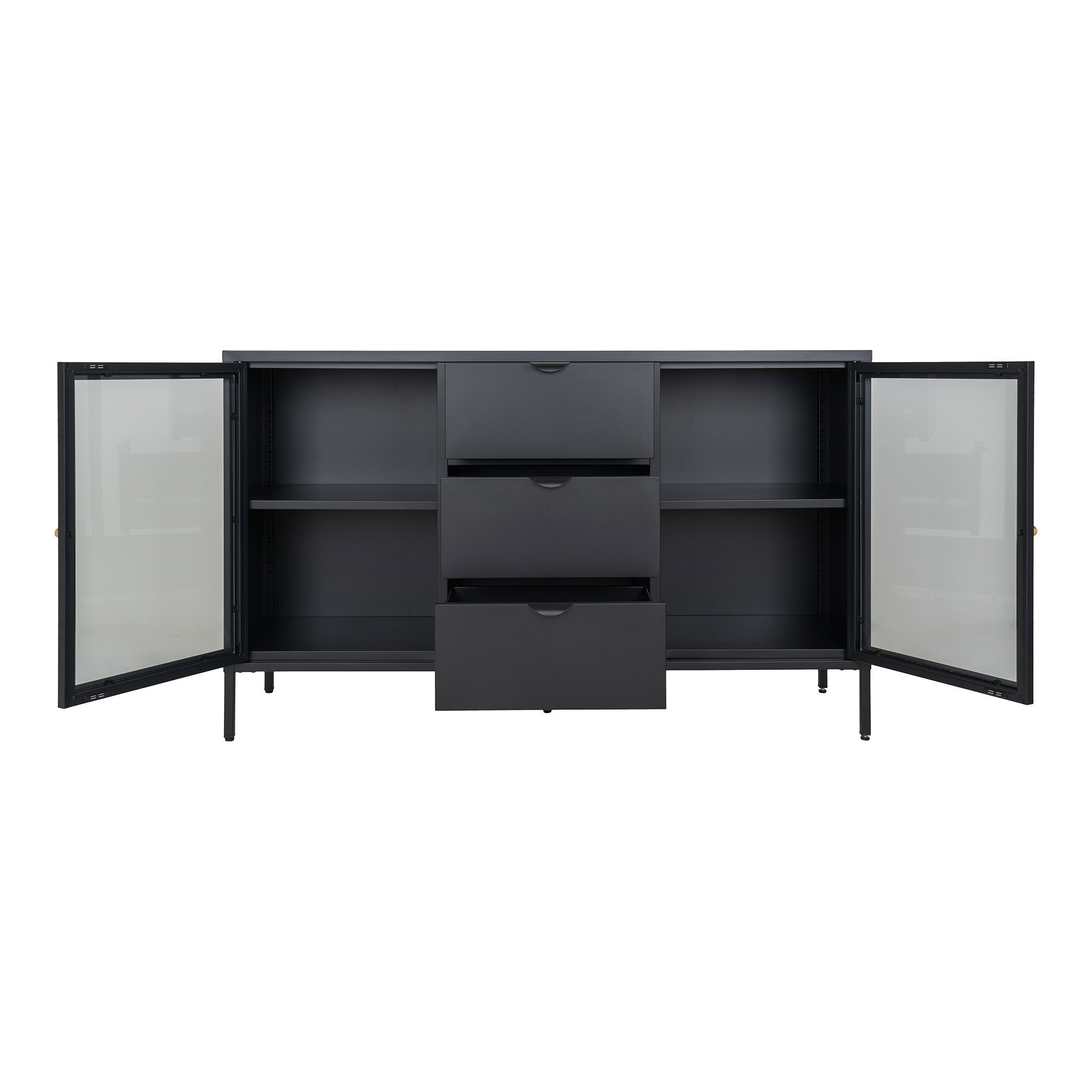 Dalby Skænk, 2 glaslåger, 3 skuffer, stål, sort, 140x40x85 cm - Billede 3
