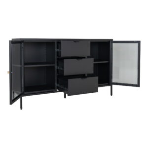 Dalby Skænk, 2 glaslåger, 3 skuffer, stål, sort, 140x40x85 cm - Billede 4