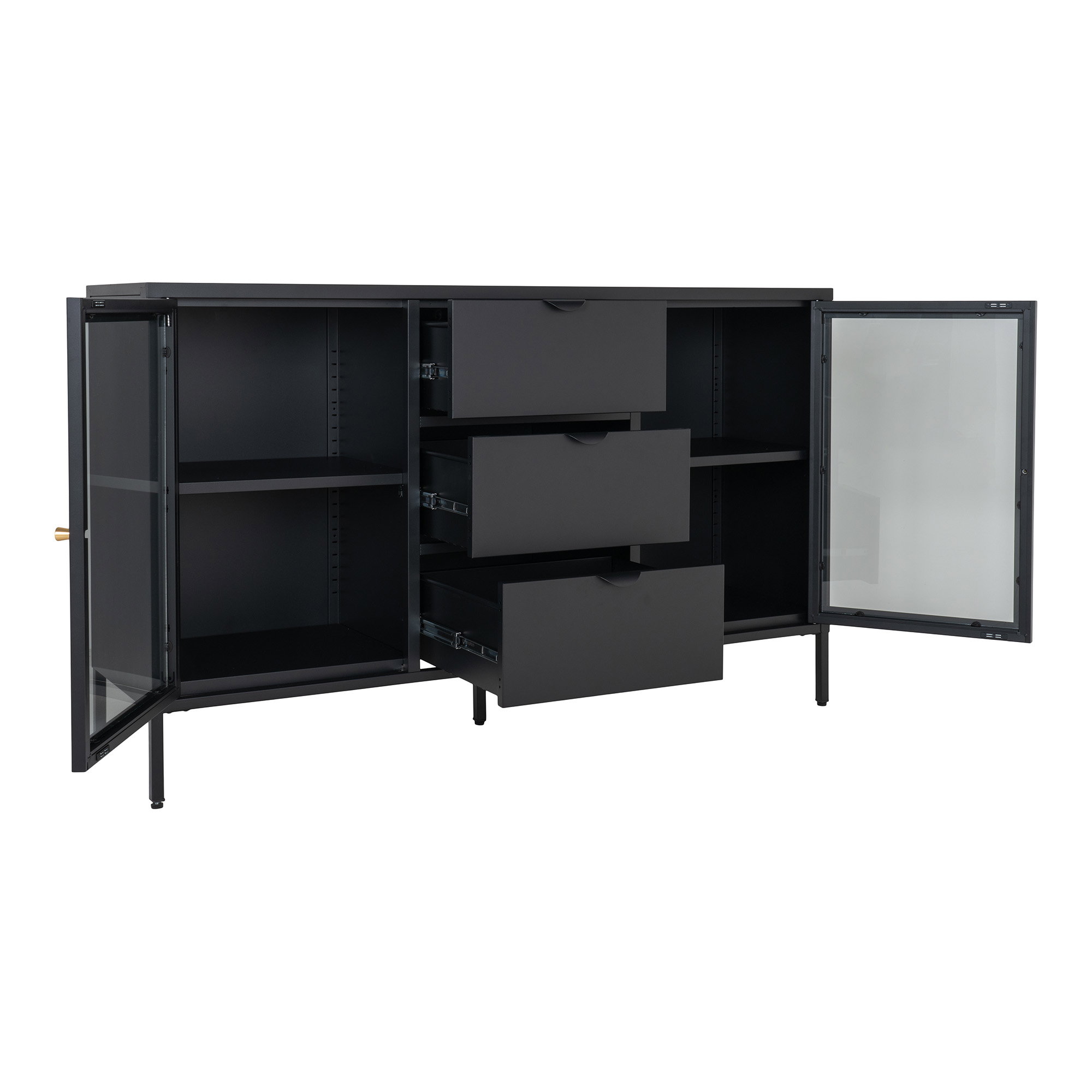 Dalby Skænk, 2 glaslåger, 3 skuffer, stål, sort, 140x40x85 cm - Billede 4