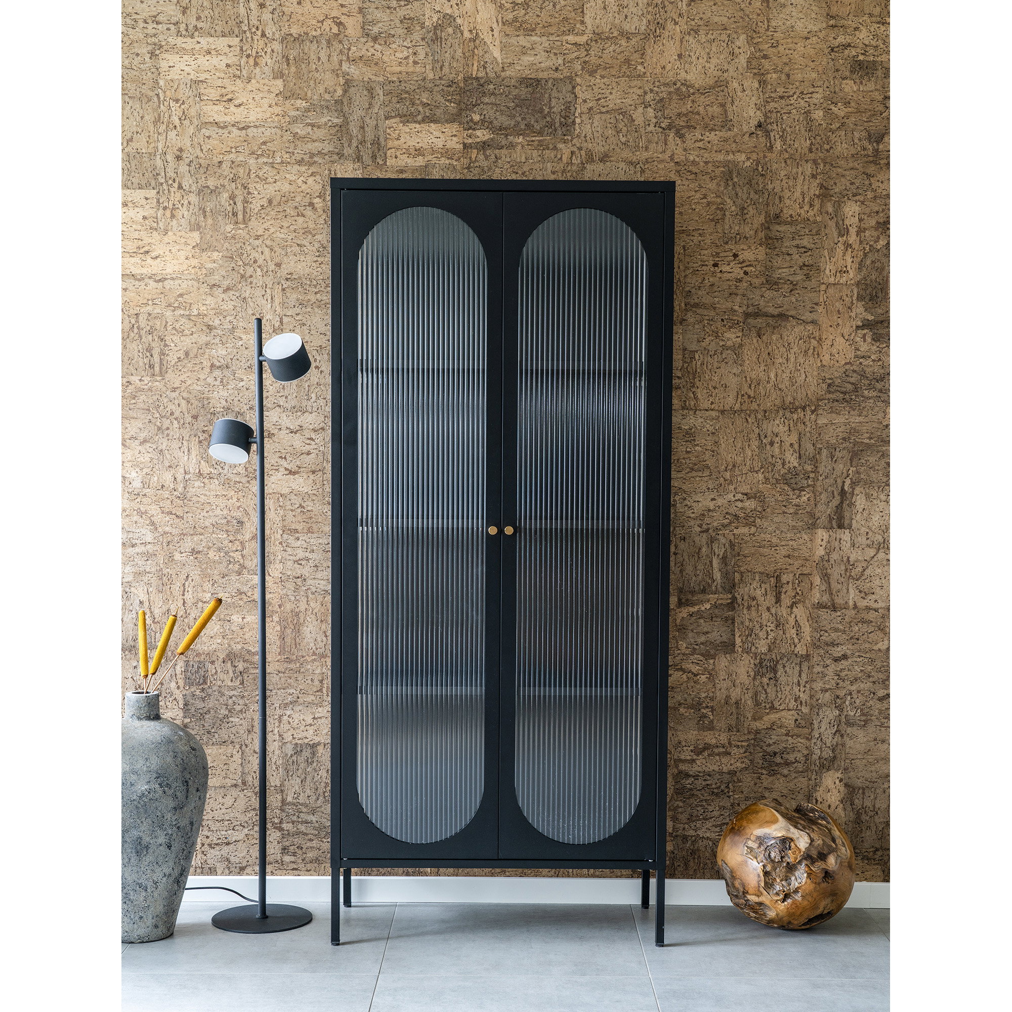 Adelaide Vitrineskab, 2 riflede glasdøre, stål, sort, 80x35x180 cm - Billede 5