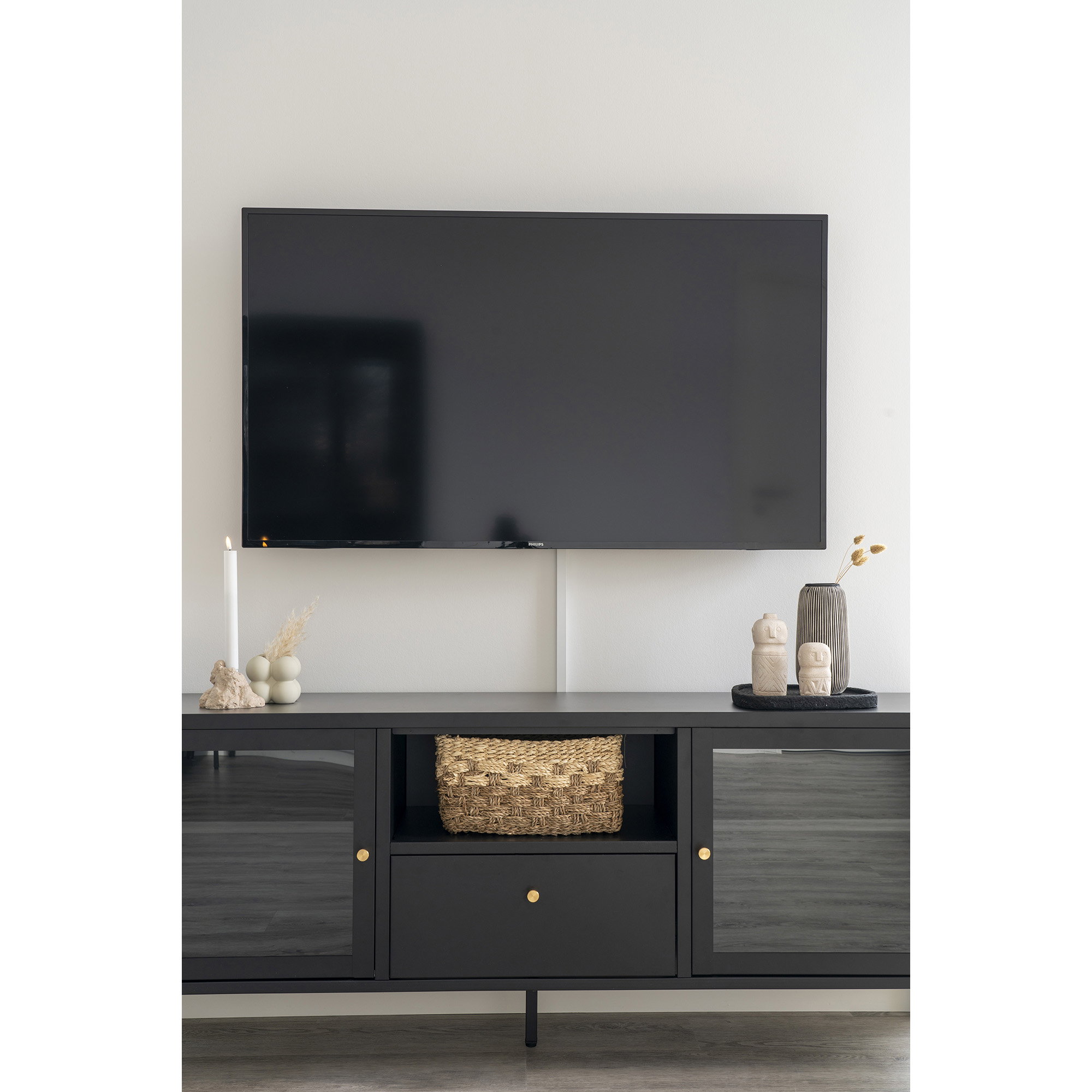 Dalby TV-Bænk, 2 glaslåger, 1 skuffe, stål, sort, 150x35x60 - Billede 5