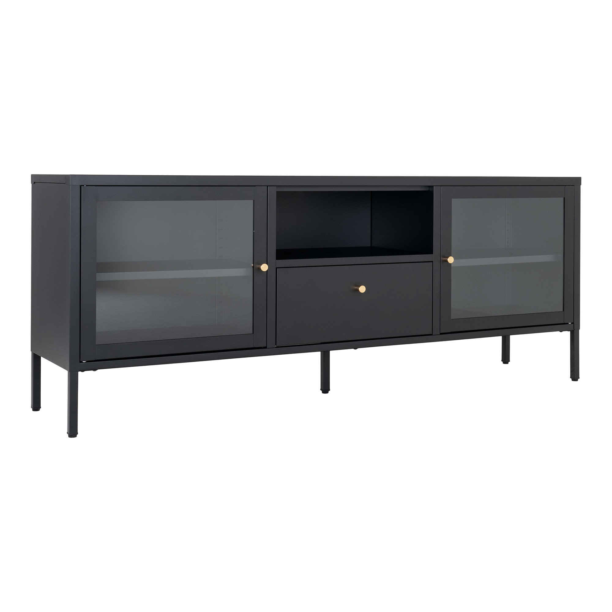 Dalby TV-Bænk, 2 glaslåger, 1 skuffe, stål, sort, 150x35x60 - Billede 2