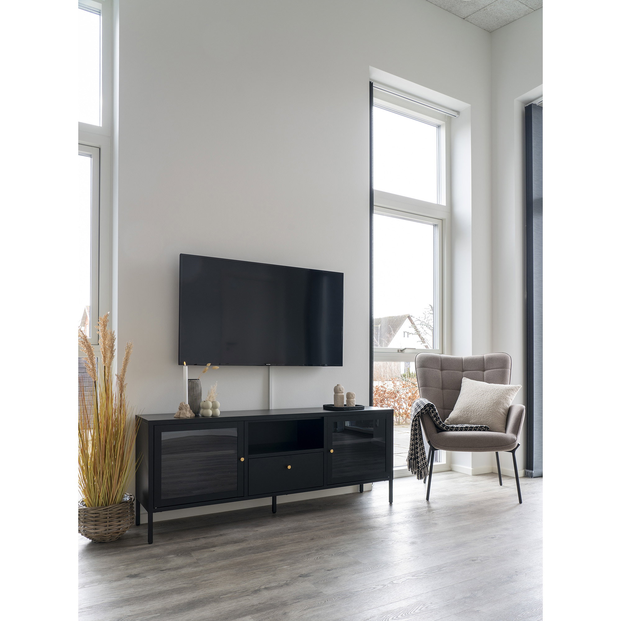 Dalby TV-Bænk, 2 glaslåger, 1 skuffe, stål, sort, 150x35x60 - Billede 6