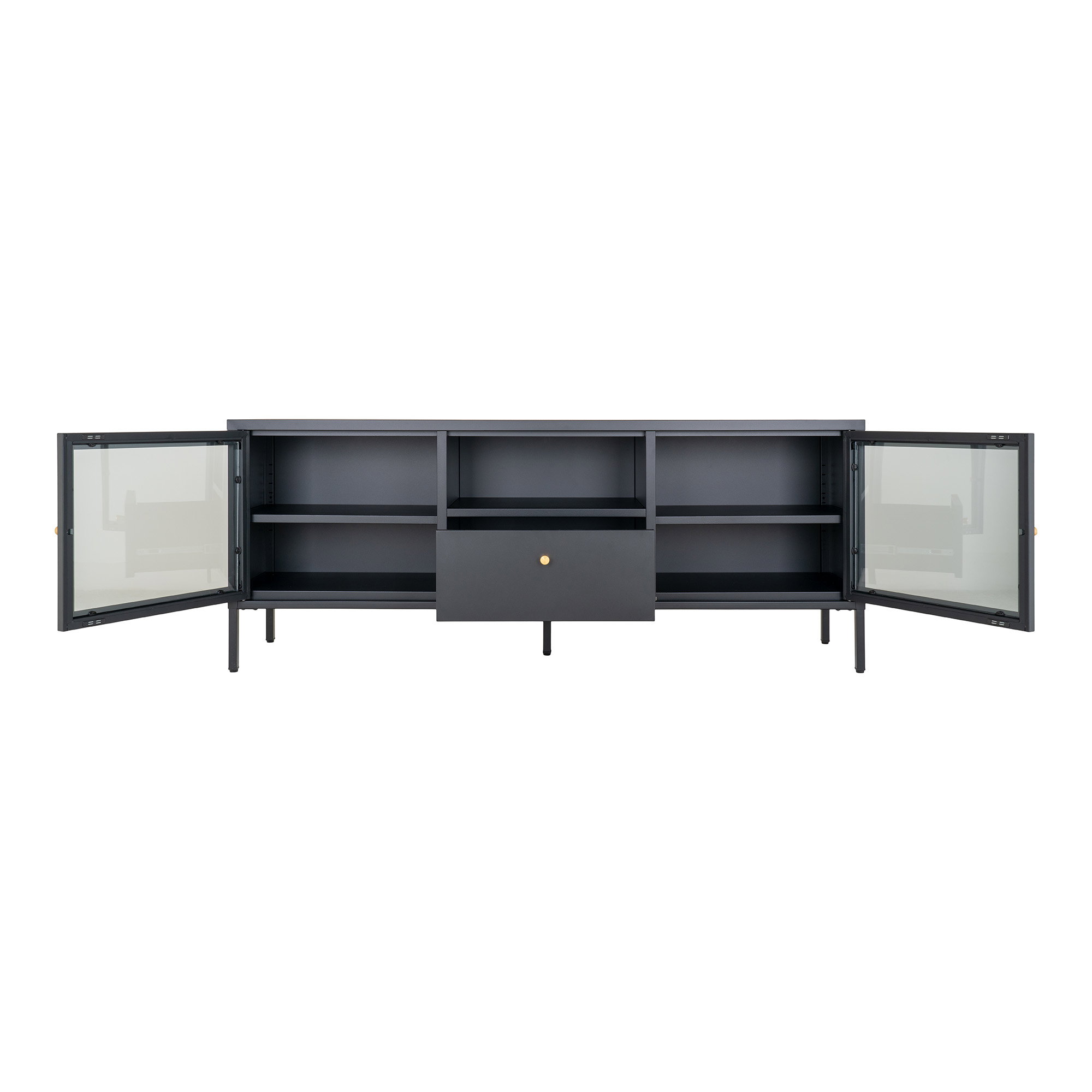 Dalby TV-Bænk, 2 glaslåger, 1 skuffe, stål, sort, 150x35x60 - Billede 3