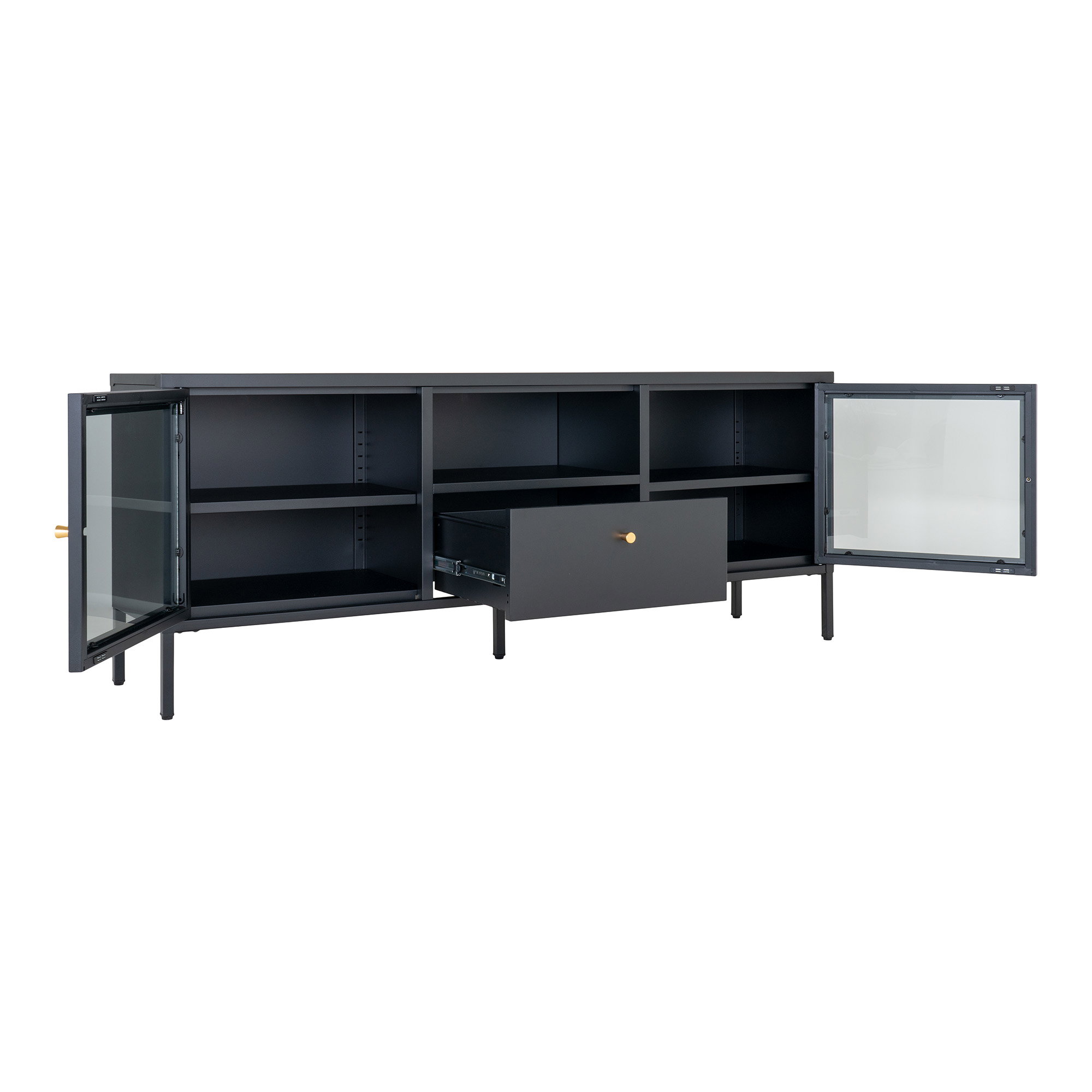 Dalby TV-Bænk, 2 glaslåger, 1 skuffe, stål, sort, 150x35x60 - Billede 4