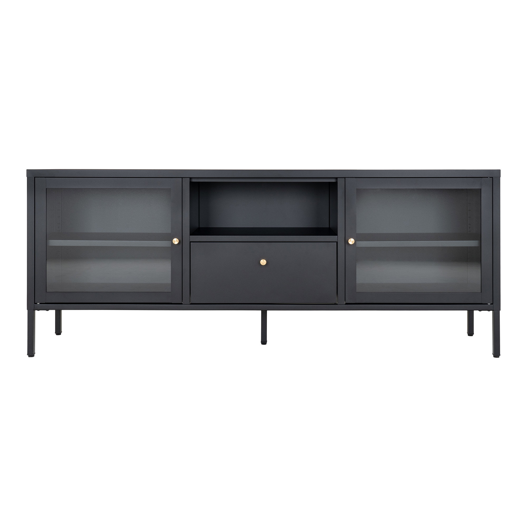 Dalby TV-Bænk, 2 glaslåger, 1 skuffe, stål, sort, 150x35x60