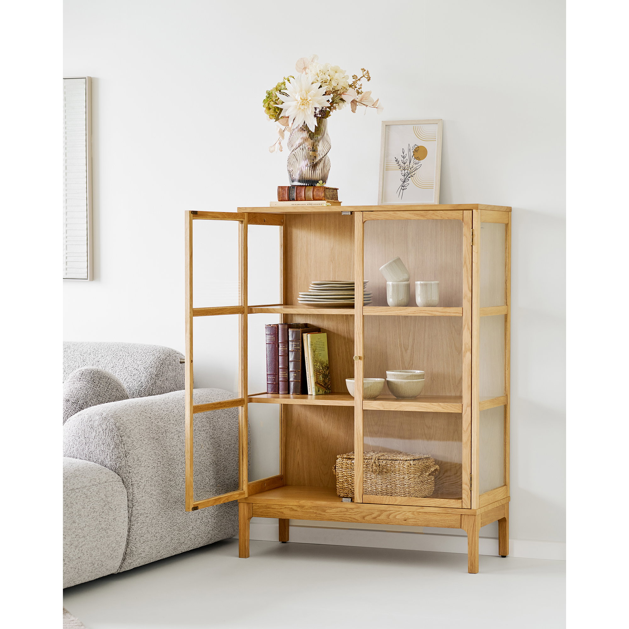 Zamora Vitrineskab, 2 glaslåger, 2 hylder, eg/egefiner/hærdet glas, natur, 40x90x126 cm - Billede 8