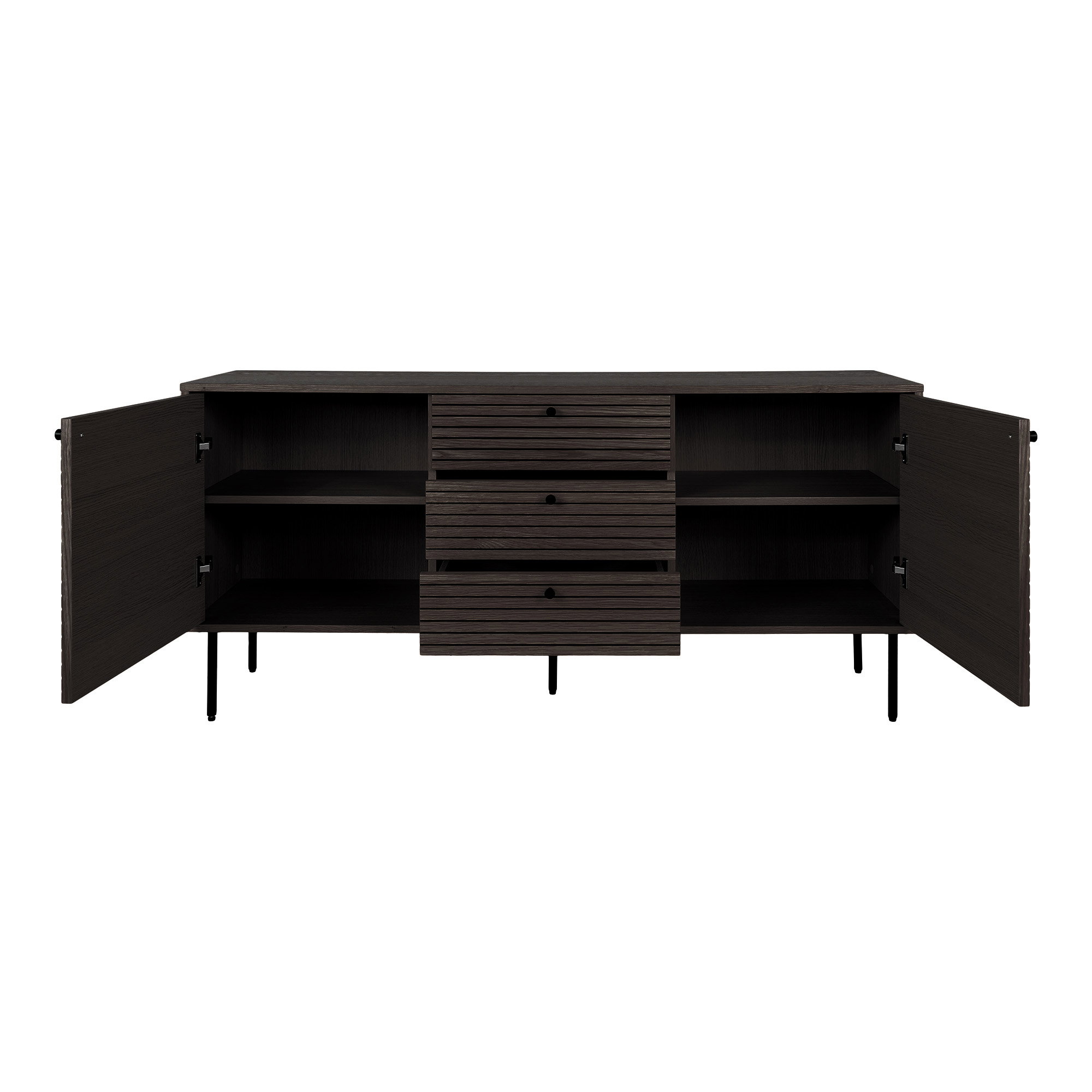 Kyoto Skænk, 3 skuffer, 2 låger, egefiner, smoked, sorte metalben, 150x40x74 cm - Billede 2