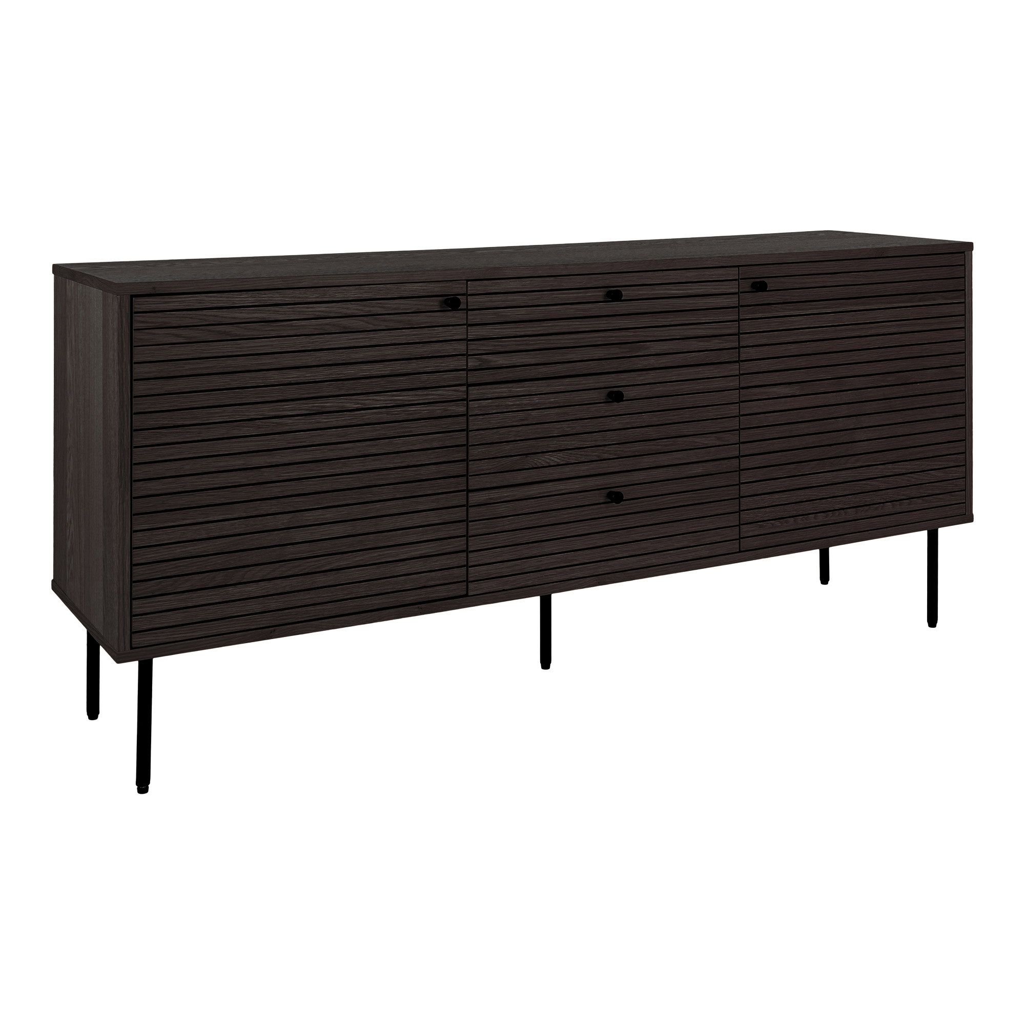 Kyoto Skænk, 3 skuffer, 2 låger, egefiner, smoked, sorte metalben, 150x40x74 cm - Billede 3