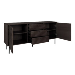 Kyoto Skænk, 3 skuffer, 2 låger, egefiner, smoked, sorte metalben, 150x40x74 cm - Billede 4