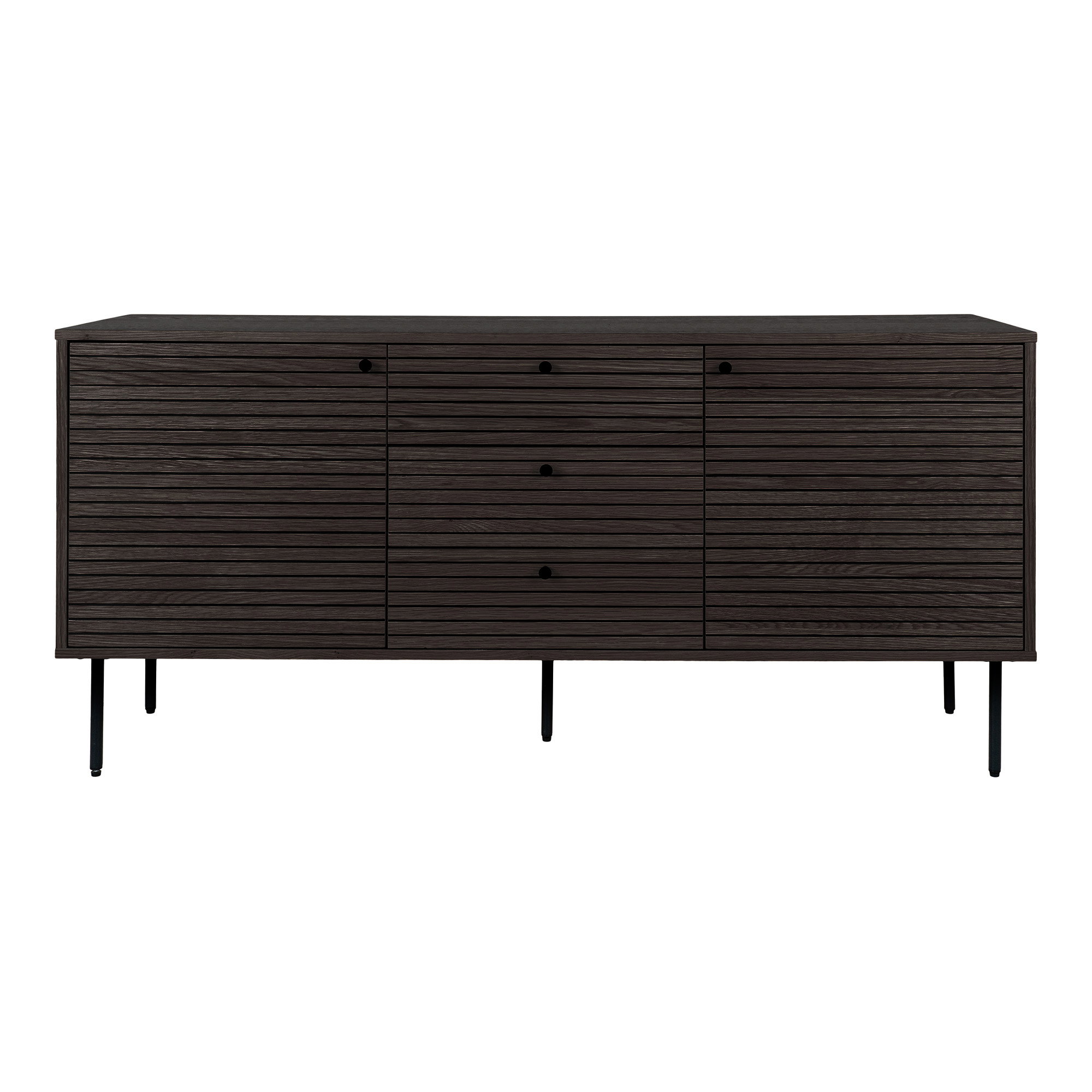 Kyoto Skænk, 3 skuffer, 2 låger, egefiner, smoked, sorte metalben, 150x40x74 cm