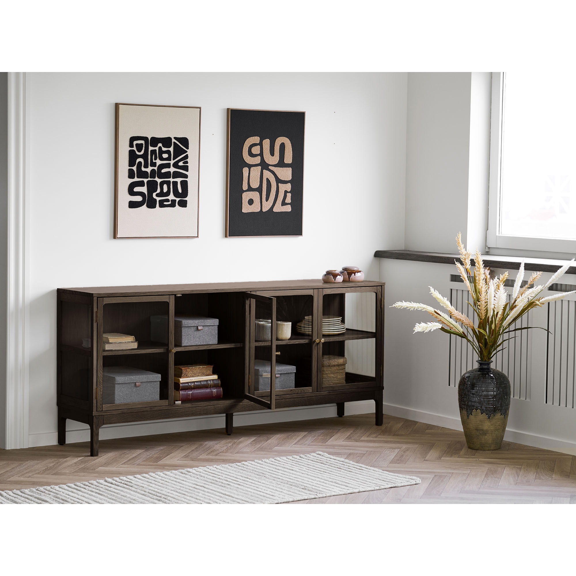 Zamora Skænk, 4 glaslåger, 1 hylde, eg/egefiner/hærdet glas, mørkebrun, 40x180x80 cm - Billede 7