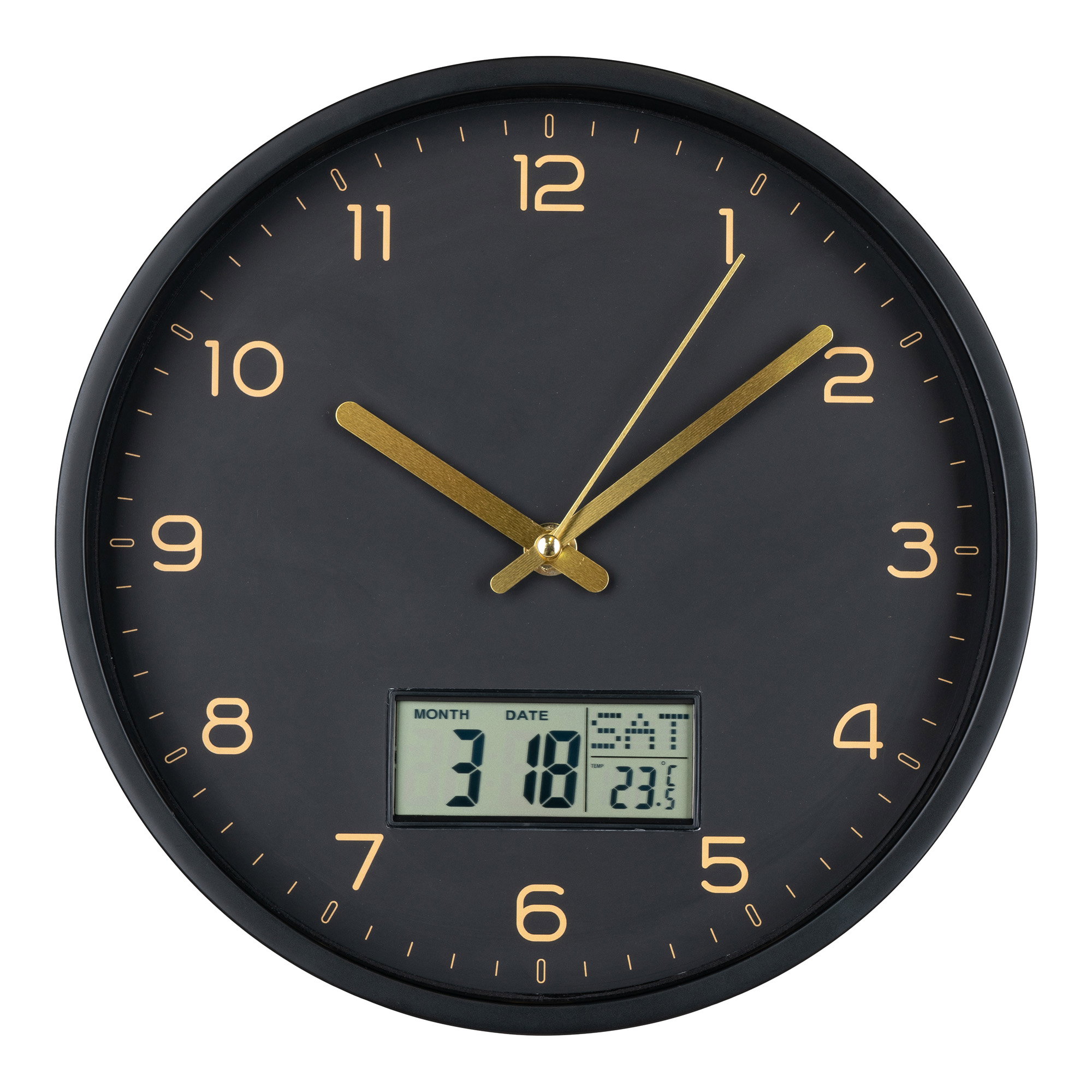 Amiens Vægur med digital display, sort, lydløs, ø25 cm