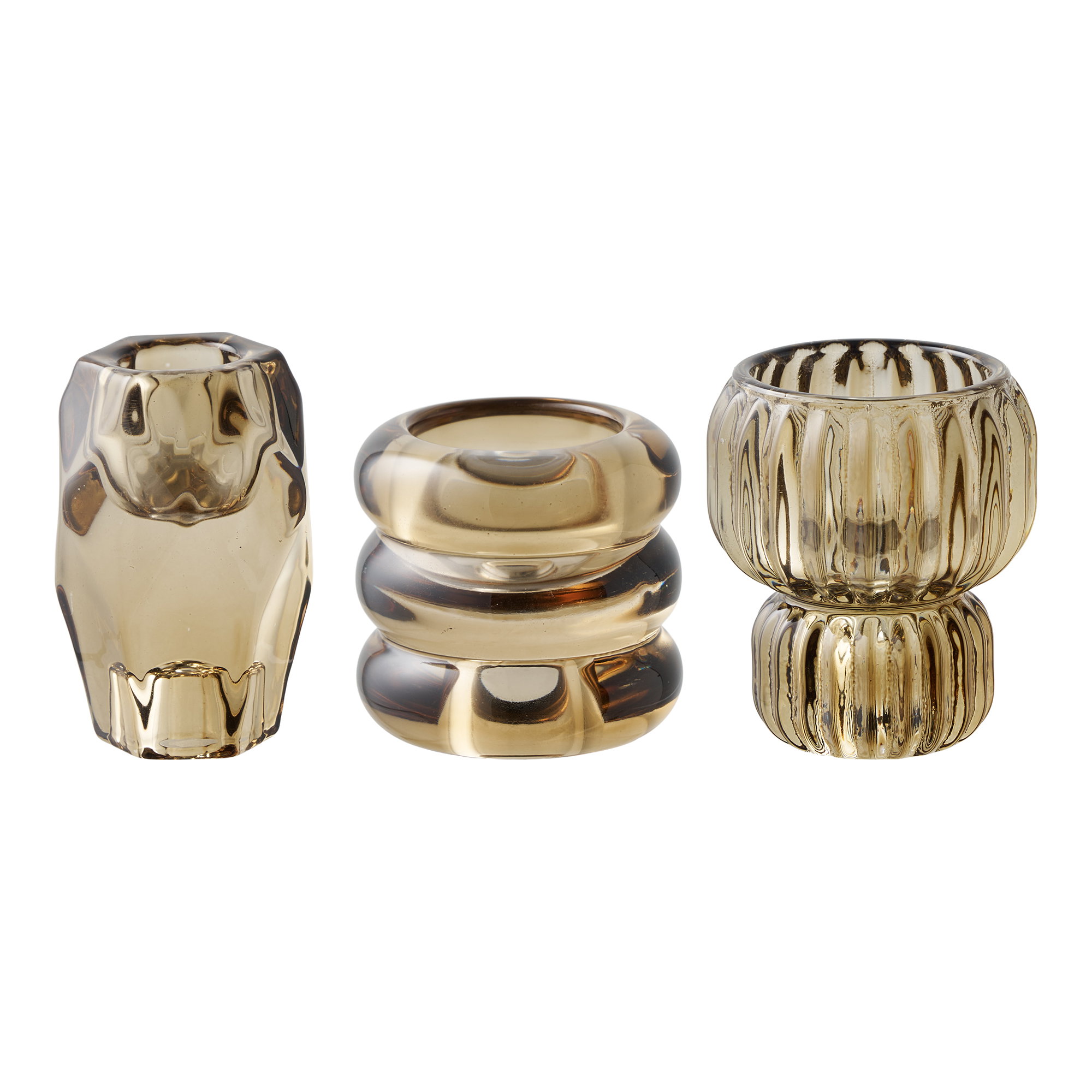 Lysestage, glas, smoked brun, sæt af 3