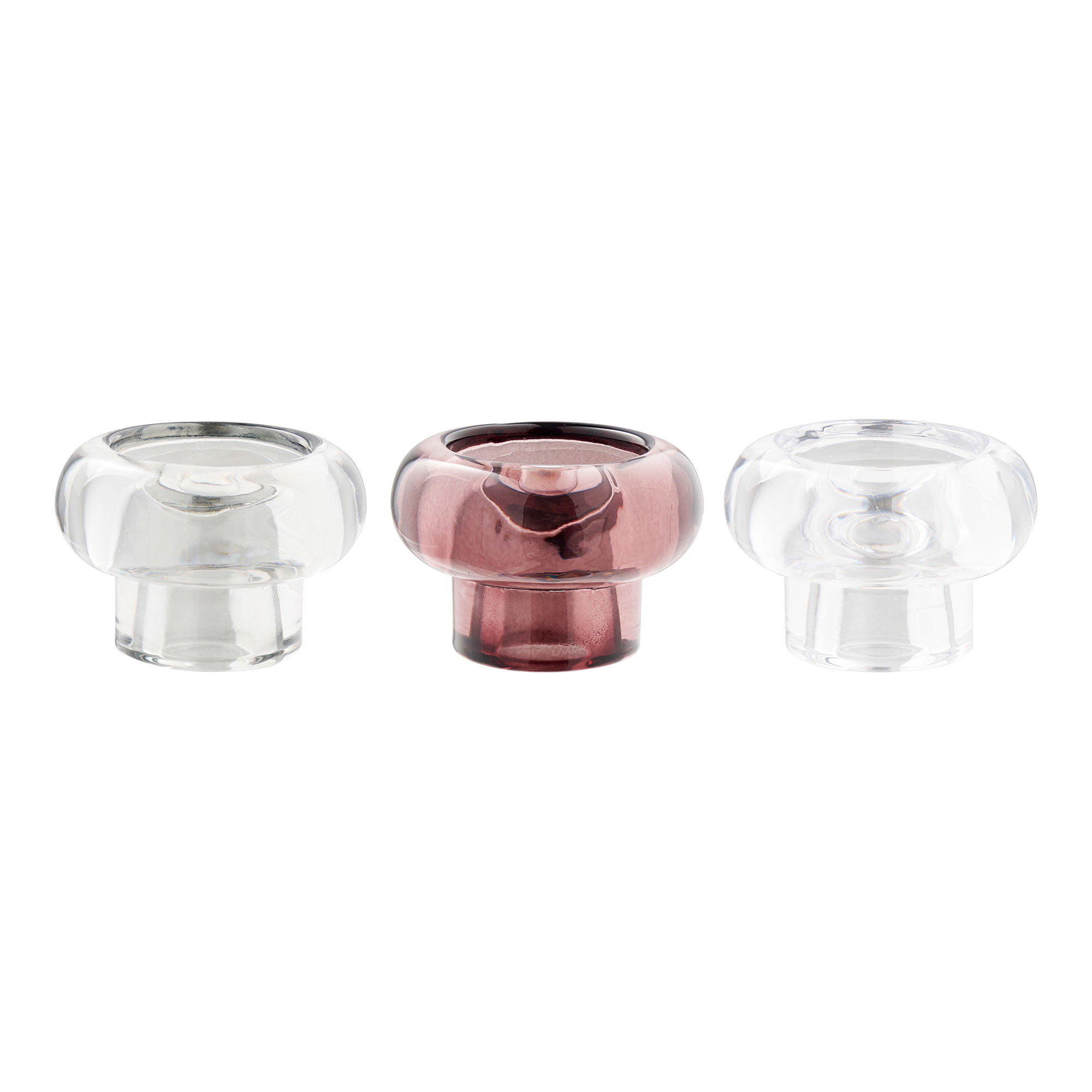 Lysestager, glas, klar/smoked grå/marron rød, sæt af 3