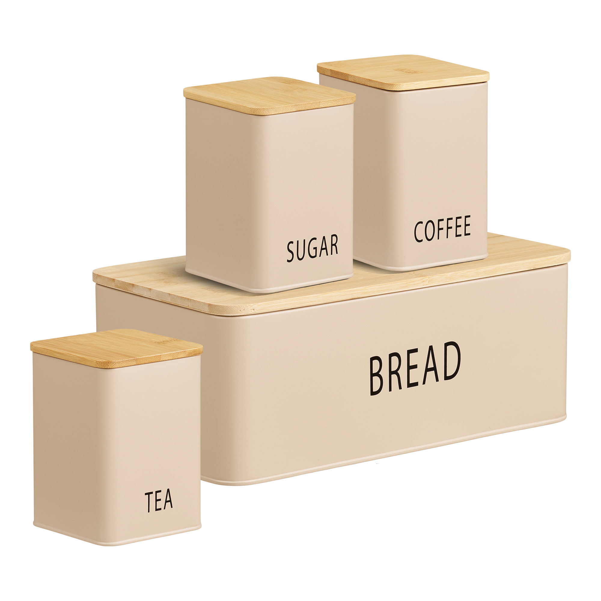 Tula Brødkasse med 3 dåser, metal/bambus, beige, sæt af 4 - Billede 2