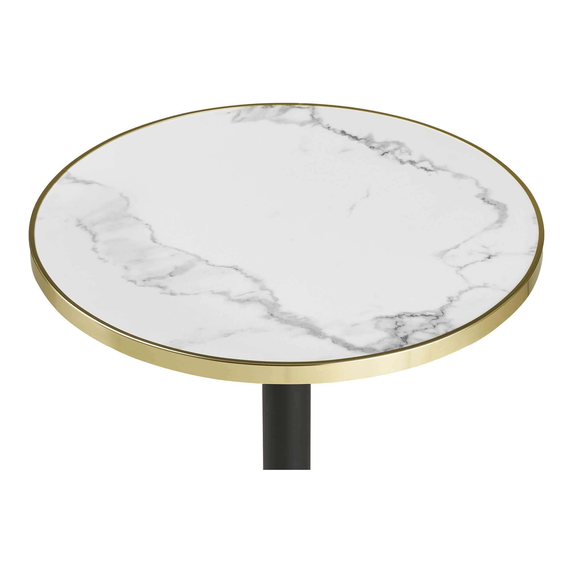 Cafébord, marmor look bordplade, hvid med guldkant, sorte ben, aluminium - Billede 2