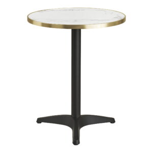 Cafébord, marmor look bordplade, hvid med guldkant, sorte ben, aluminium