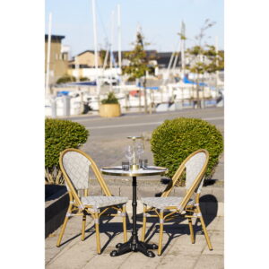 Cafébord, marmor look bordplade, hvid med guldkant, sorte ben, støbejern, ø60x73 cm - Billede 5